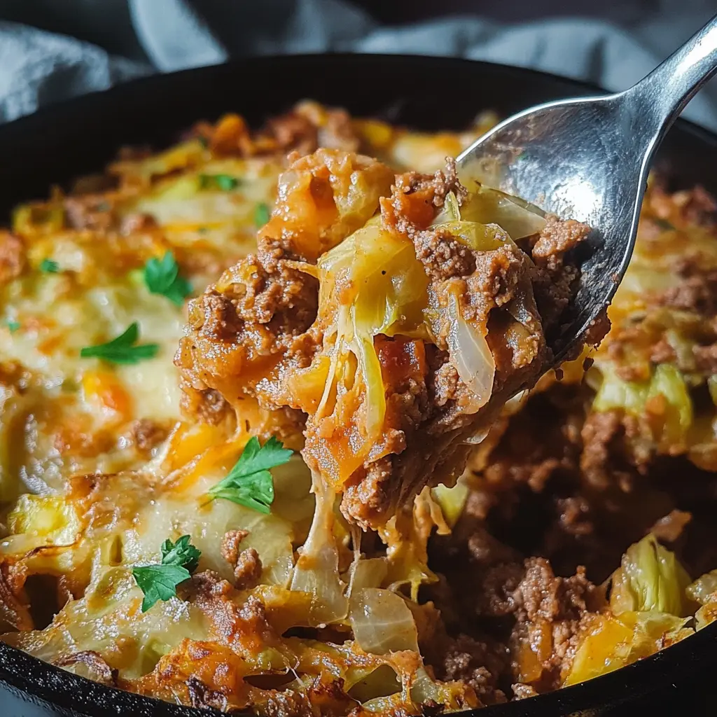 KETO CABBAGE CASSEROLE WITH GROUND BEEF centered hero view, clean and uncluttered