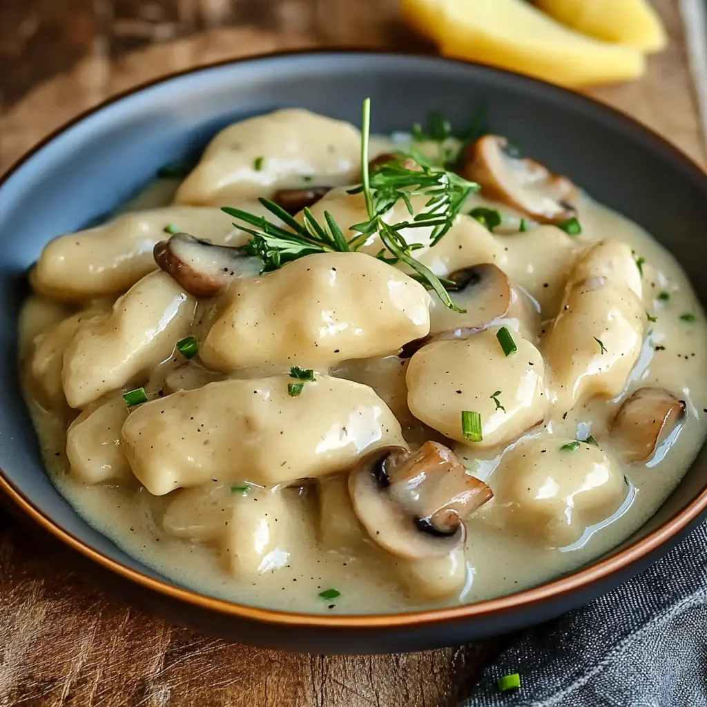 Kopytka with Mushroom Sauce Recipe Easy and Delicious 3 KOPYTKA WITH MUSHROOM SAUCE centered hero view, clean and uncluttered
