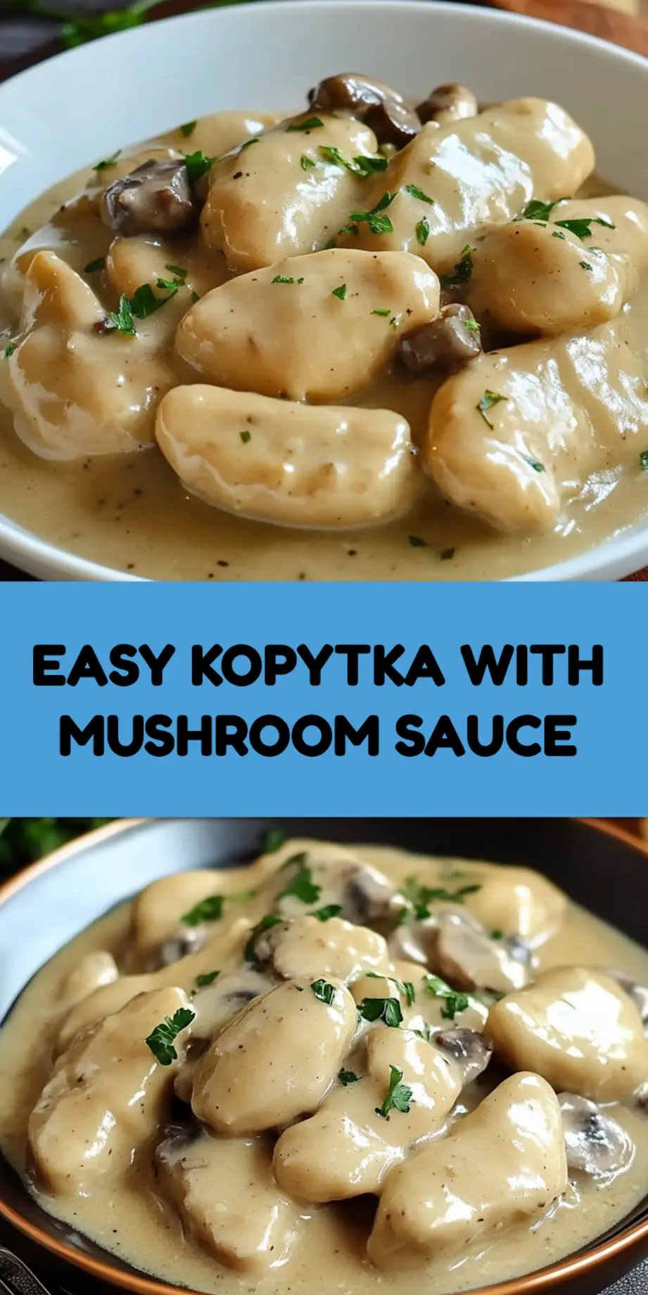 Kopytka with Mushroom Sauce Recipe Easy and Delicious 4 KOPYTKA WITH MUSHROOM SAUCE centered hero view, clean and uncluttered_pin