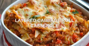LAYERED CABBAGE ROLL CASSEROLE centered hero view, clean and uncluttered