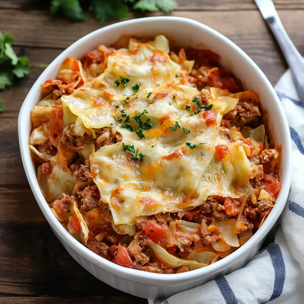 Layered Cabbage Roll Casserole in a baking dish, centered hero view, clean and uncluttered