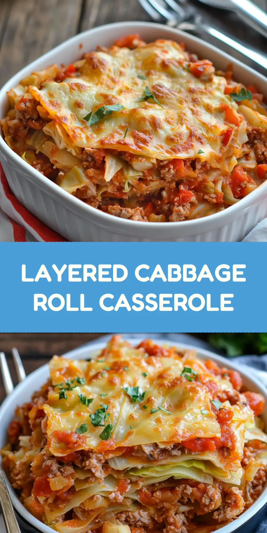 Layered Cabbage Roll Casserole centered hero view for pinning, clean and uncluttered