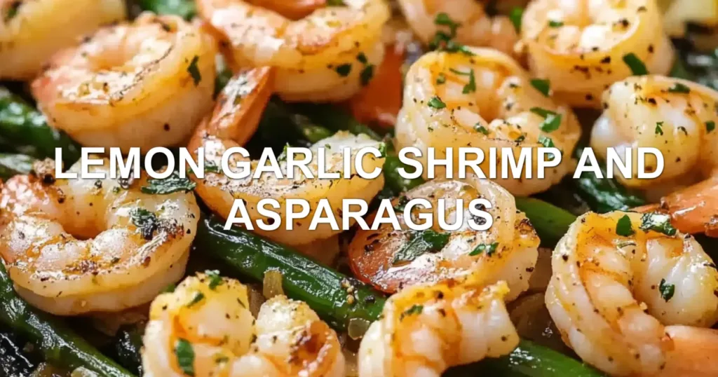 LEMON GARLIC SHRIMP AND ASPARAGUS centered hero view, clean and uncluttered