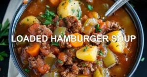 LOADED HAMBURGER SOUP centered hero view, clean and uncluttered