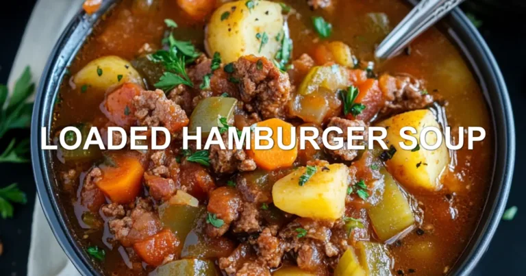LOADED HAMBURGER SOUP centered hero view, clean and uncluttered