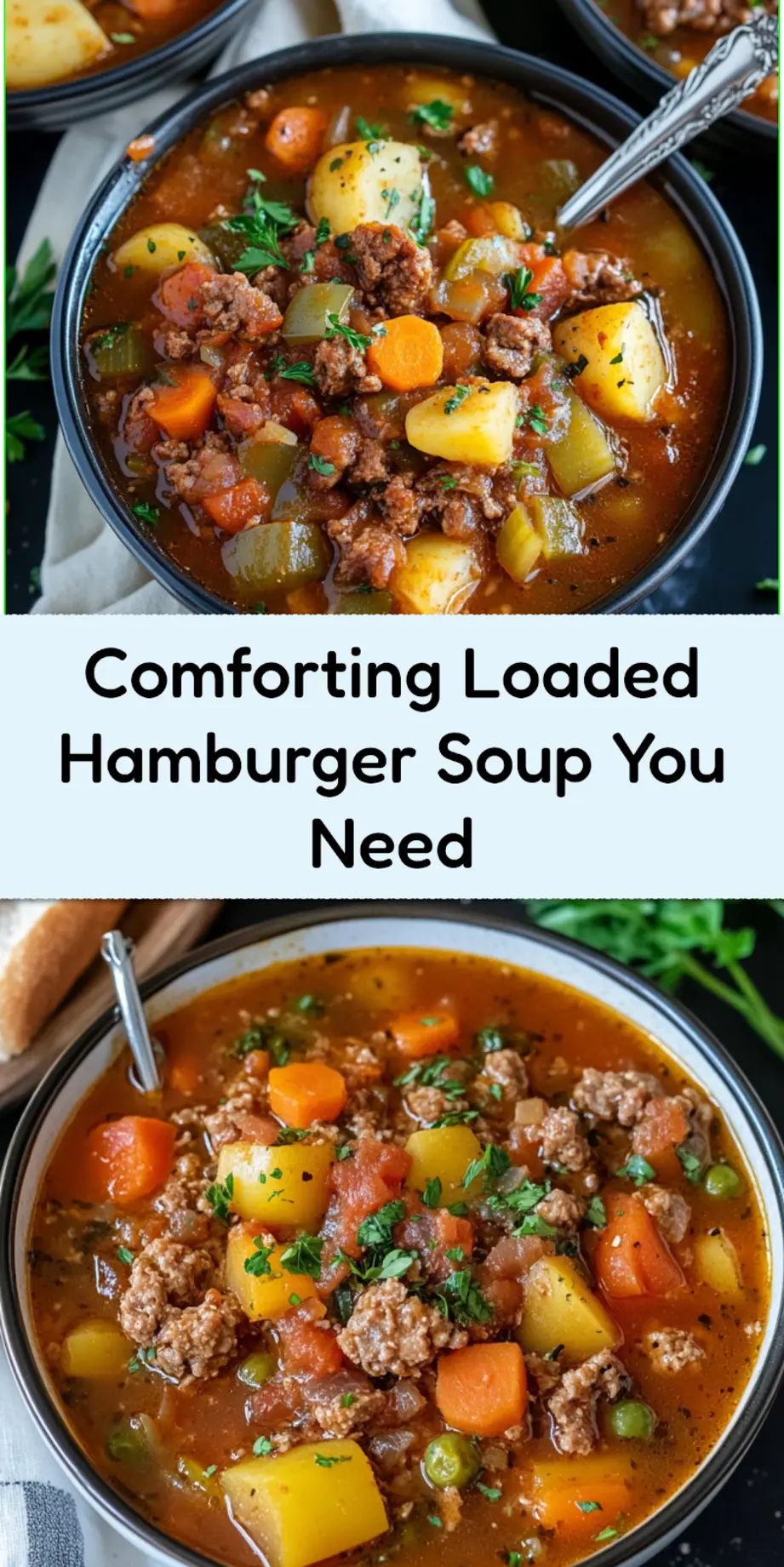 LOADED HAMBURGER SOUP centered hero view, clean and uncluttered_pin