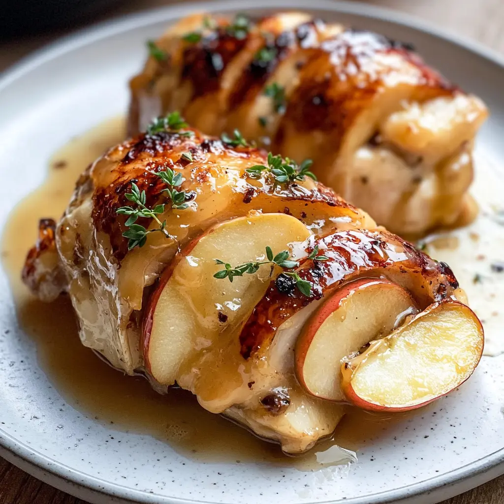 Maple Glazed Apple and Brie Stuffed Chicken centered hero view, clean and uncluttered