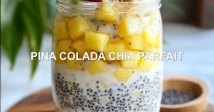 Pina Colada Chia Parfait Recipe Easy and Delicious PINA COLADA CHIA PARFAIT centered hero view, clean and uncluttered