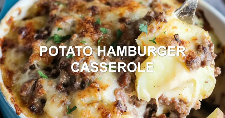 POTATO HAMBURGER CASSEROLE centered hero view, clean and uncluttered