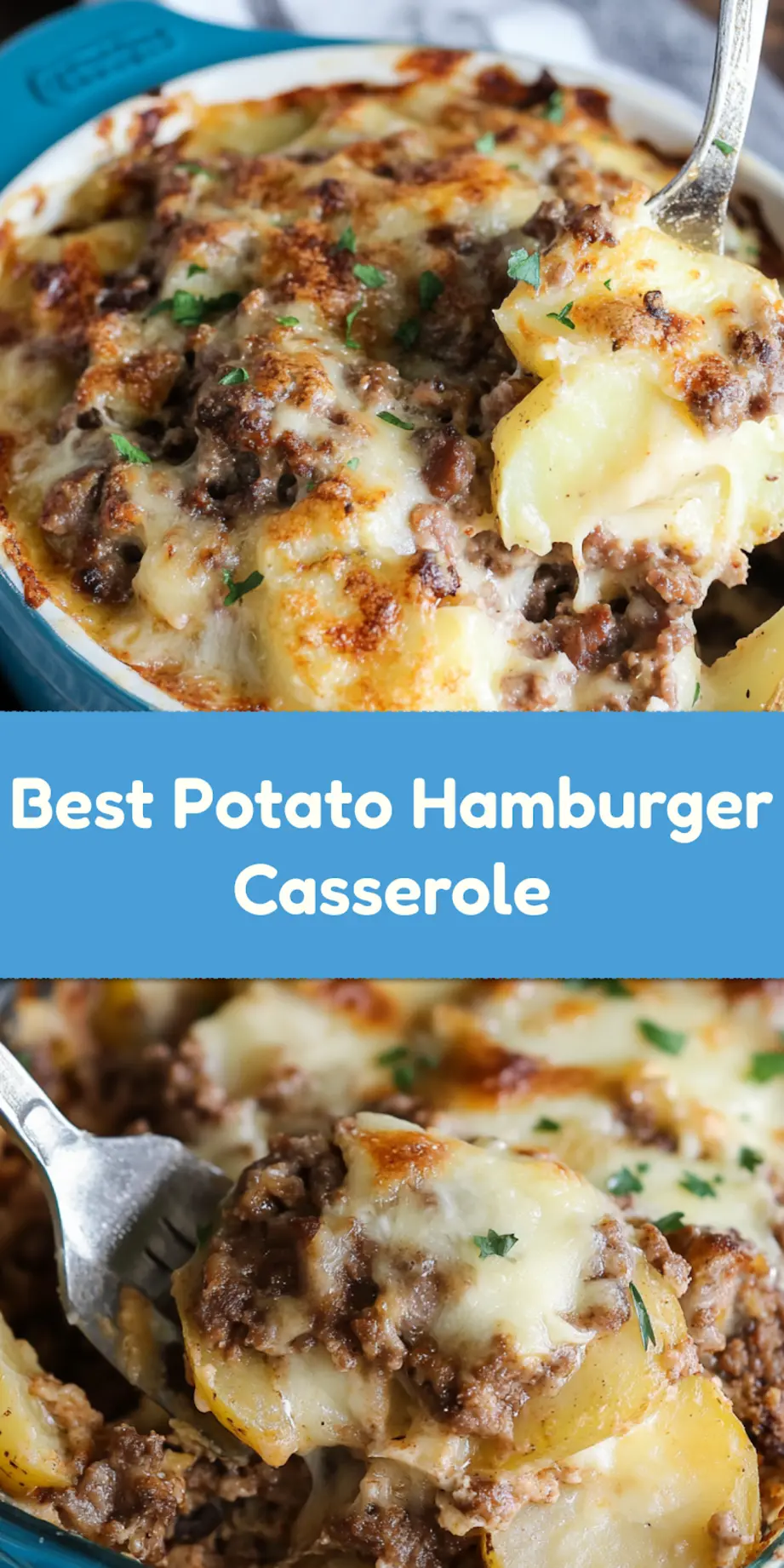 Potato hamburger casserole pin with golden cheese topping and hearty layers