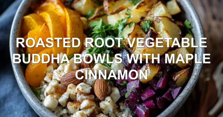 ROASTED ROOT VEGETABLE BUDDHA BOWLS WITH MAPLE CINNAMON centered hero view, clean and uncluttered