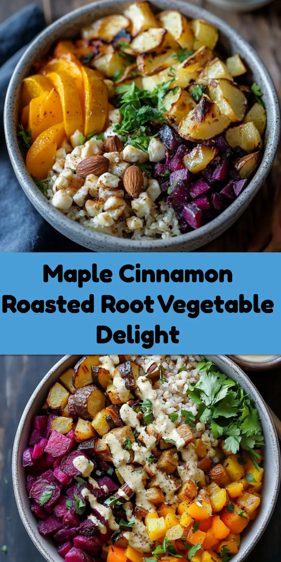 Roasted Root Vegetable Buddha Bowls with Maple Cinnamon, centered hero view, clean and uncluttered_pin