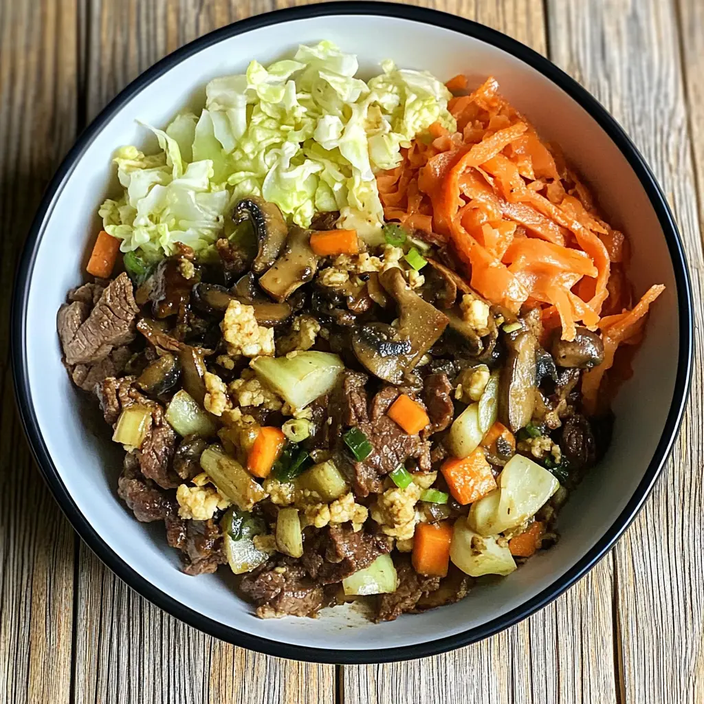 BEEF MUSHROOM AND CABBAGE BOWL centered hero view, clean and uncluttered