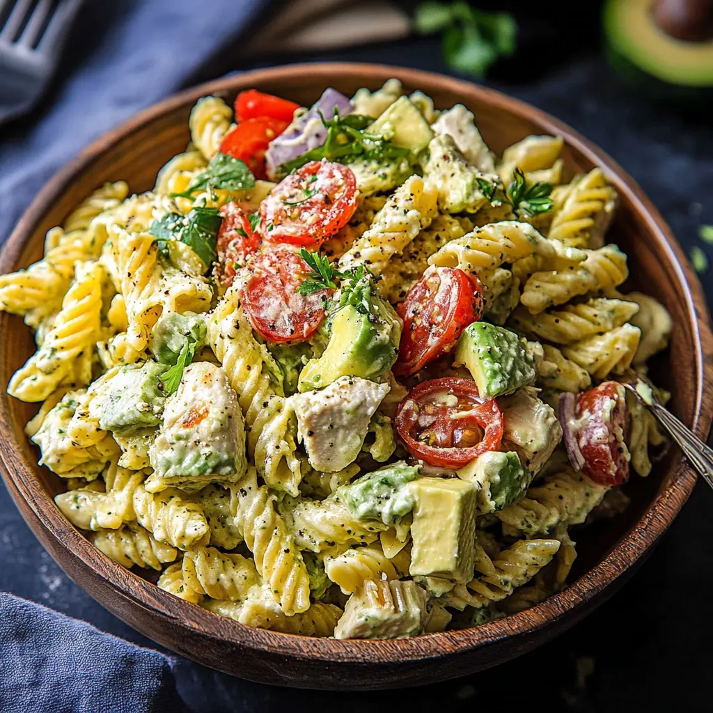 CREAMY AVOCADO CHICKEN PASTA SALAD centered hero view, clean and uncluttered