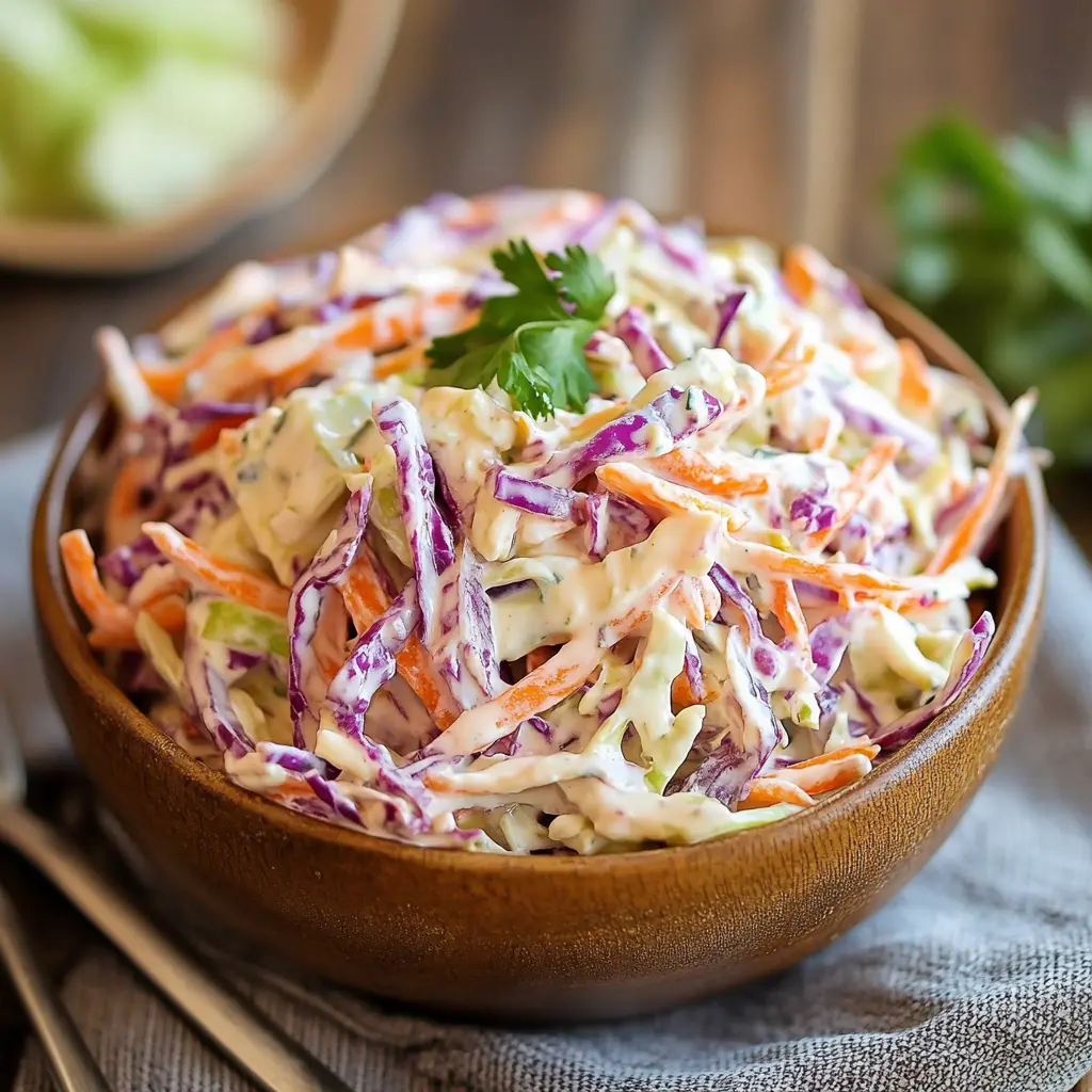 CREAMY GREEK YOGURT COLESLAW centered hero view, clean and uncluttered