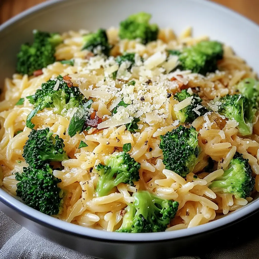 Creamy Orzo with Parmesan and Broccoli Recipe Easy 2 CREAMY ORZO WITH PARMESAN AND BROCCOLI centered hero view, clean and uncluttered
