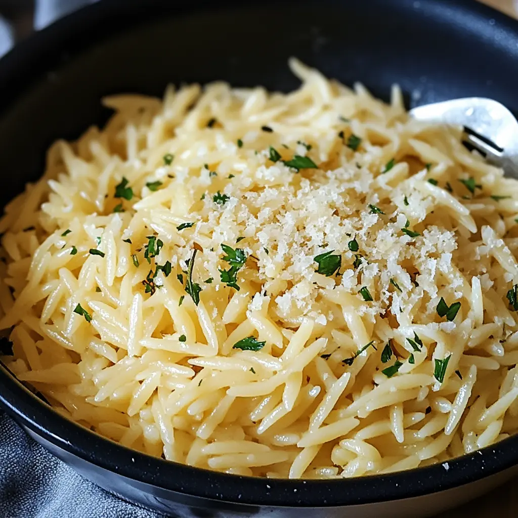 GARLIC PARMESAN ORZO PASTA centered hero view, clean and uncluttered