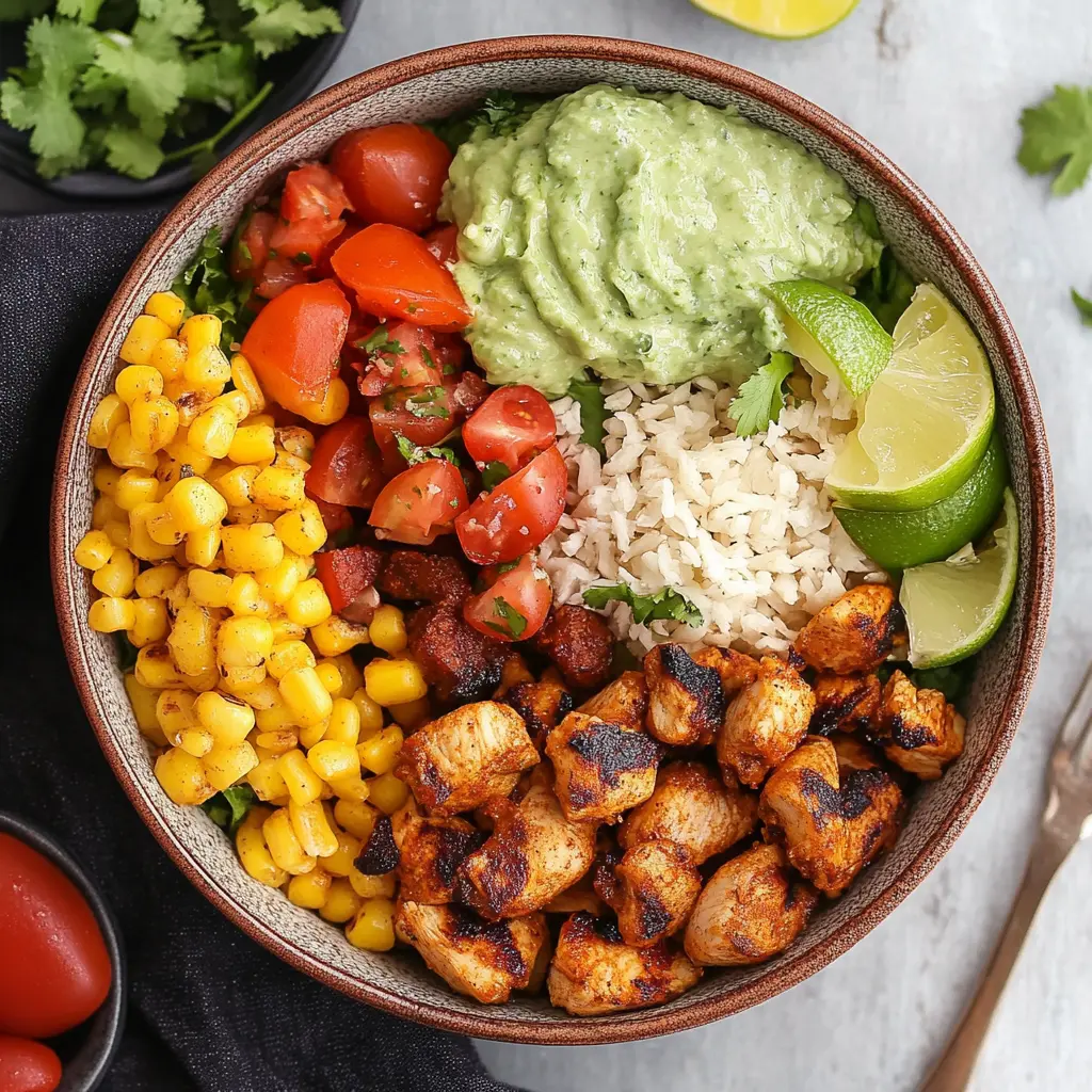 HEALTHY CHICKEN BURRITO BOWLS centered hero view, clean and uncluttered