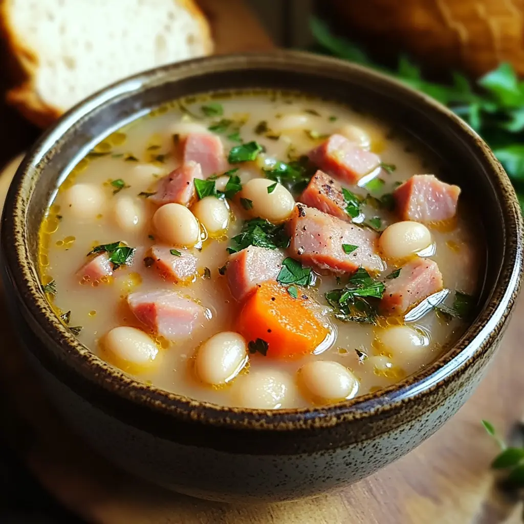 HEARTY HAM AND WHITE BEAN SOUP centered hero view, clean and uncluttered