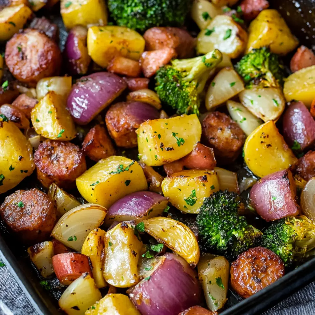 HONEY GARLIC KIELBASA AND VEGGIE SHEET PAN centered hero view, clean and uncluttered