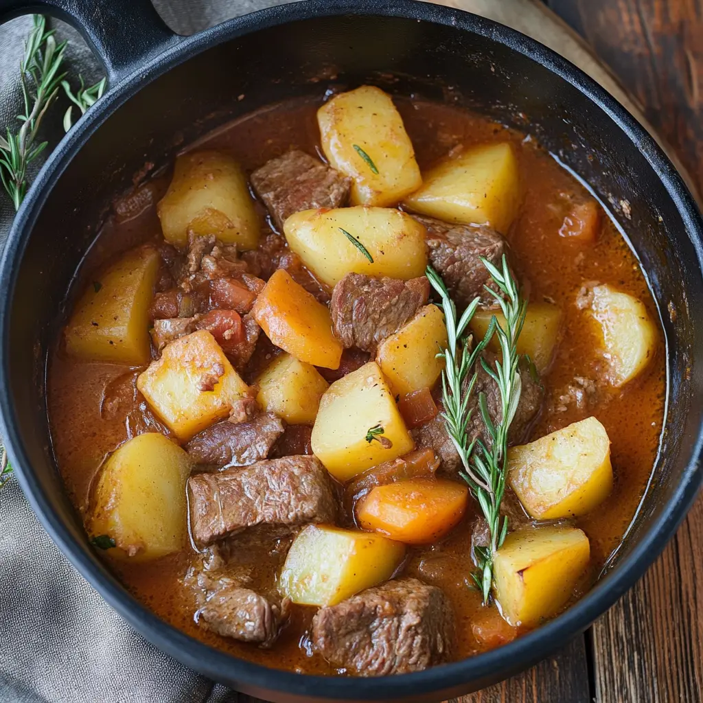 ITALIAN BEEF AND POTATO STEW centered hero view, clean and uncluttered