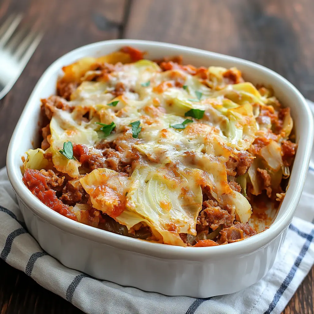 LAYERED CABBAGE ROLL CASSEROLE centered hero view, clean and uncluttered