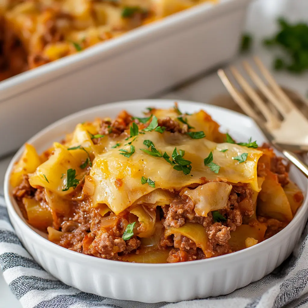 LAZY CABBAGE ROLL CASSEROLE centered hero view, clean and uncluttered