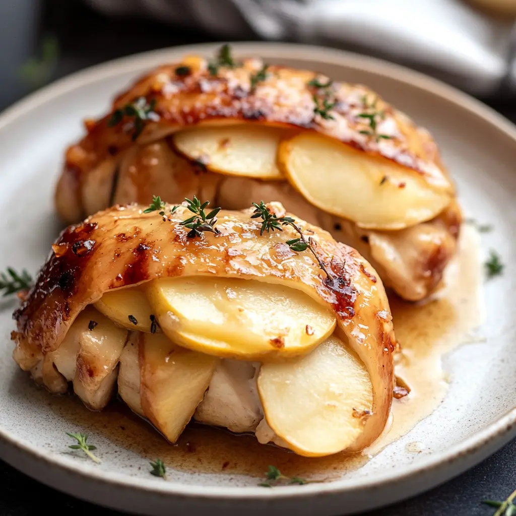 MAPLE GLAZED APPLE AND BRIE STUFFED CHICKEN centered hero view, clean and uncluttered