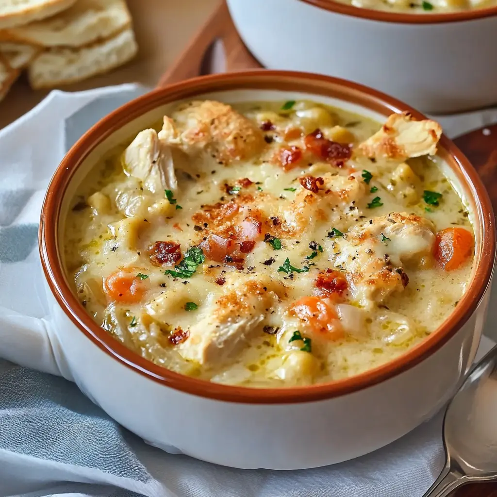 MILLION DOLLAR CHICKEN CASSEROLE SOUP centered hero view, clean and uncluttered