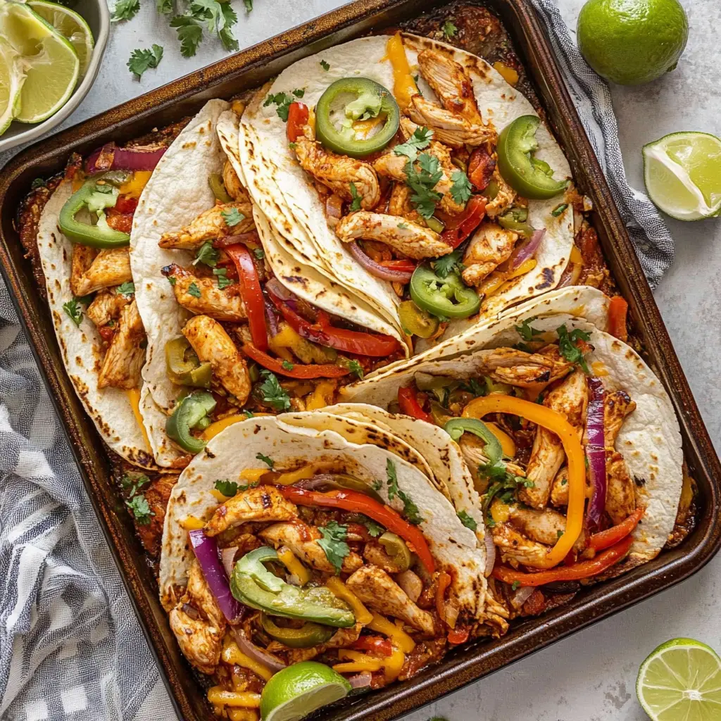 SHEET PAN CHICKEN FAJITAS centered hero view, clean and uncluttered