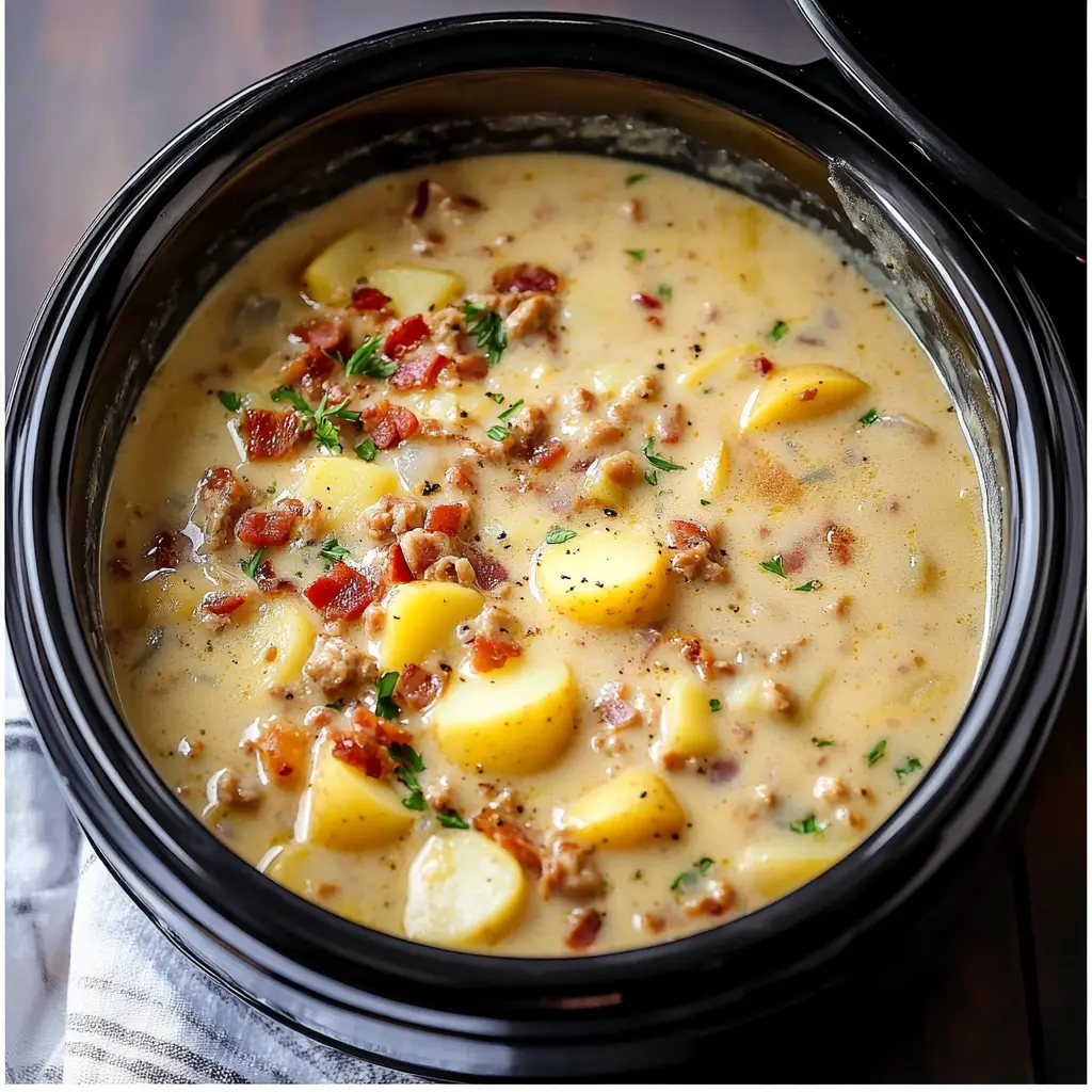 Slow Cooker Creamy Potato Bacon Soup Recipe Easy Comfort 2 SLOW COOKER CREAMY POTATO BACON SOUP centered hero view, clean and uncluttered