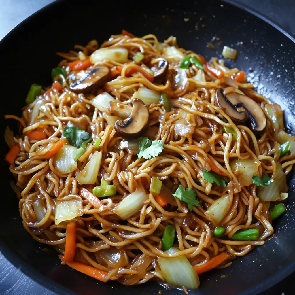 VEGETABLE LO MEIN WITH CABBAGE AND MUSHROOMS centered hero view, clean and uncluttered