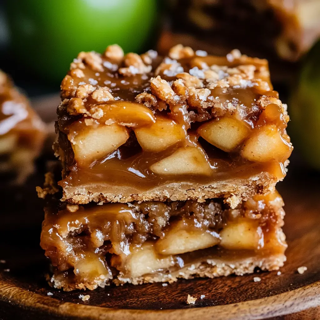 Salted caramel apple pie bars with golden oat crust and caramel drizzle