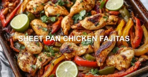 SHEET PAN CHICKEN FAJITAS centered hero view, clean and uncluttered
