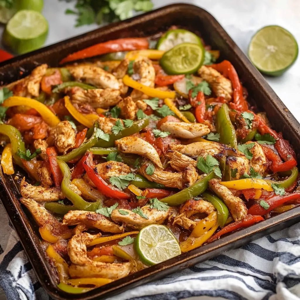 Sheet pan chicken fajitas with colorful bell peppers, onions, and golden chicken strips