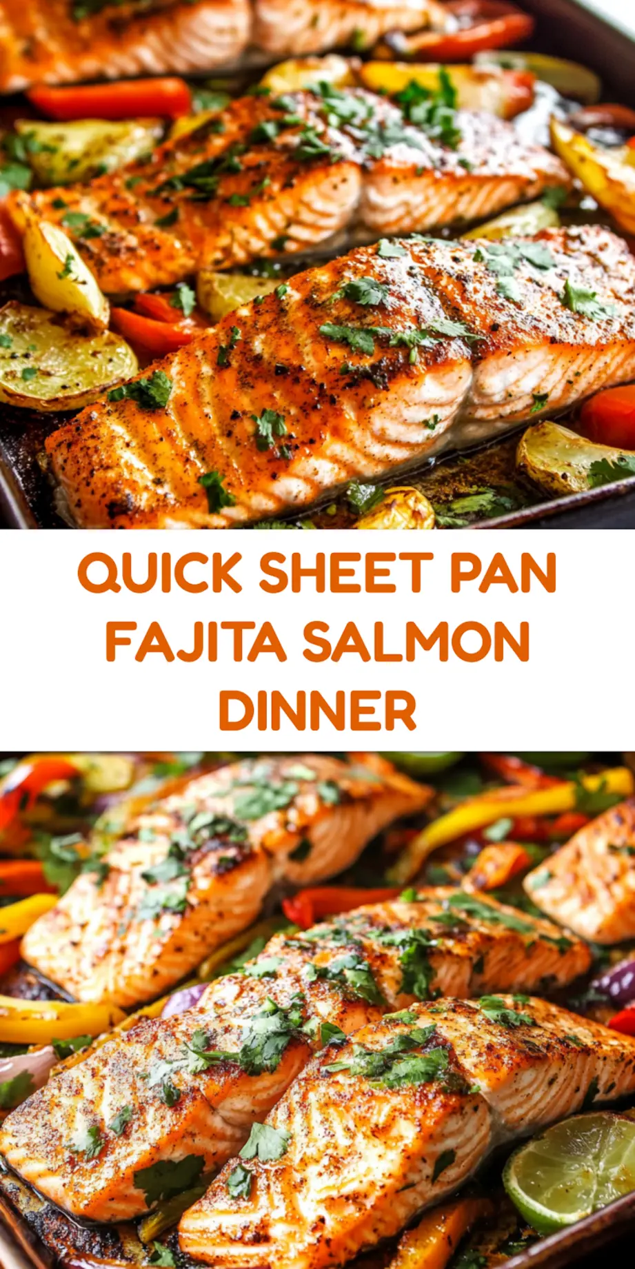Sheet Pan Fajita Salmon pin image with vibrant peppers and lime