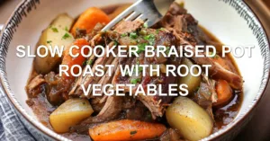 SLOW COOKER BRAISED POT ROAST WITH ROOT VEGETABLES centered hero view, clean and uncluttered