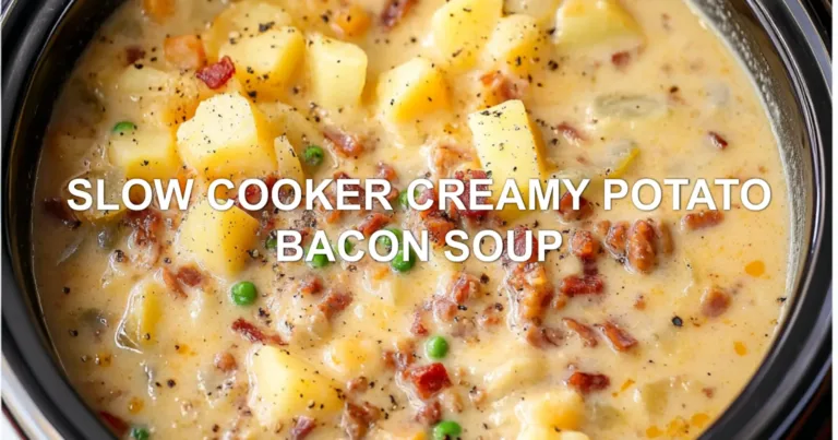 SLOW COOKER CREAMY POTATO BACON SOUP centered hero view, clean and uncluttered