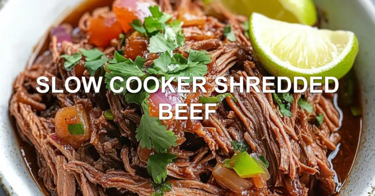 SLOW COOKER SHREDDED BEEF centered hero view, clean and uncluttered