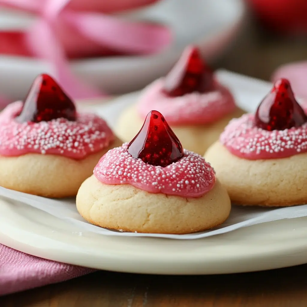 Strawberry Kiss Cookies with chocolate kisses pressed into soft pink cookie centers