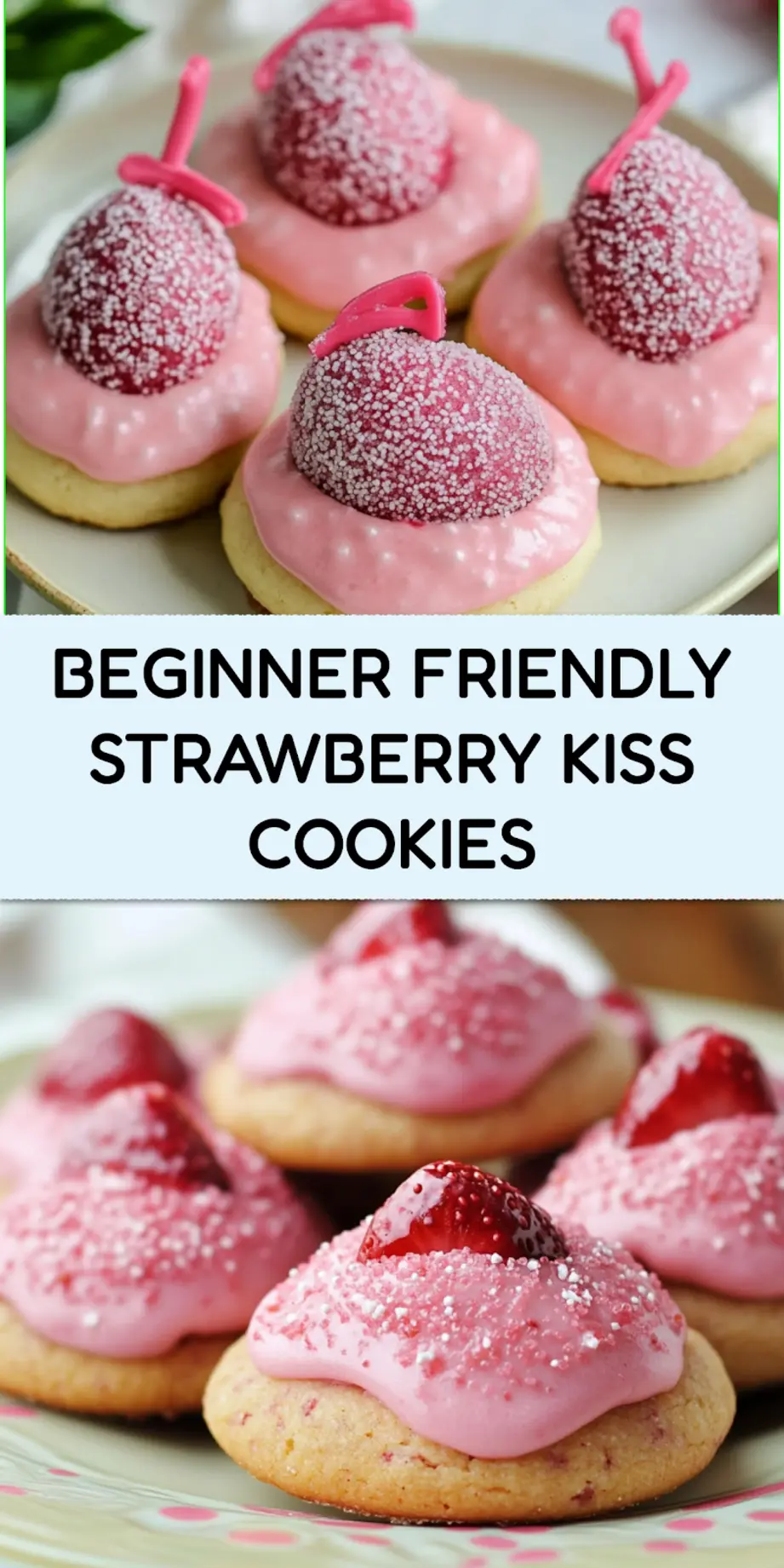 Strawberry Kiss Cookies arranged on a white plate showing pink cookies with chocolate kiss centers