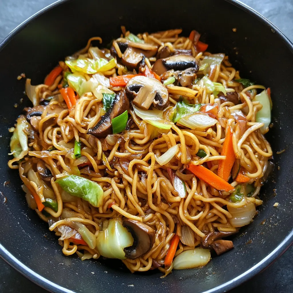 VEGETABLE LO MEIN WITH CABBAGE AND MUSHROOMS centered hero view, clean and uncluttered