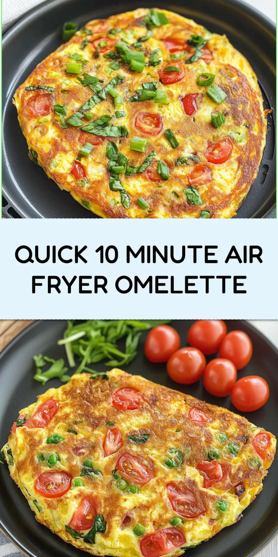 10 minute air fryer omelette centered hero view, clean and uncluttered pin