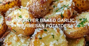 AIR FRYER BAKED GARLIC PARMESAN POTATOES centered hero view, clean and uncluttered