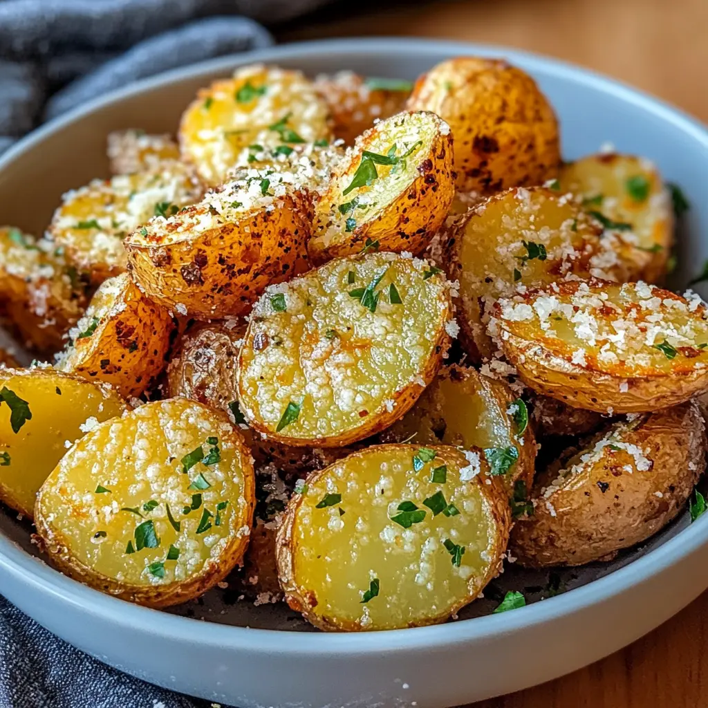 Air Fryer Baked Garlic Parmesan Potatoes Recipe Easy 3 AIR FRYER BAKED GARLIC PARMESAN POTATOES centered hero view, clean and uncluttered