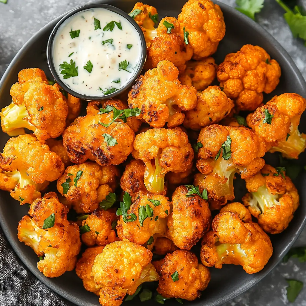 Air Fryer Buffalo Cauliflower Recipe Easy and Delicious 3 AIR FRYER BUFFALO CAULIFLOWER centered hero view, clean and uncluttered