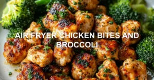 AIR FRYER CHICKEN BITES AND BROCCOLI centered hero view, clean and uncluttered