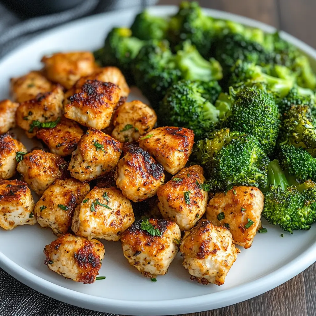 Air Fryer Chicken Bites and Broccoli Recipe Easy Quick 3 Air fryer chicken bites and broccoli centered hero view, clean and uncluttered