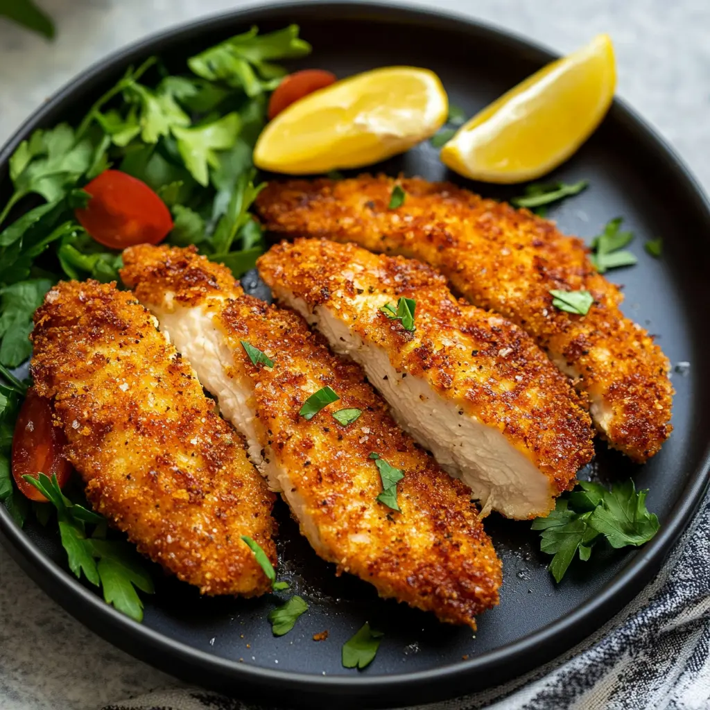 Air Fryer Crispy Chicken Breast Recipe Easy Perfect 3 Golden crispy air fryer chicken breast on a white plate, perfectly cooked and ready to serve