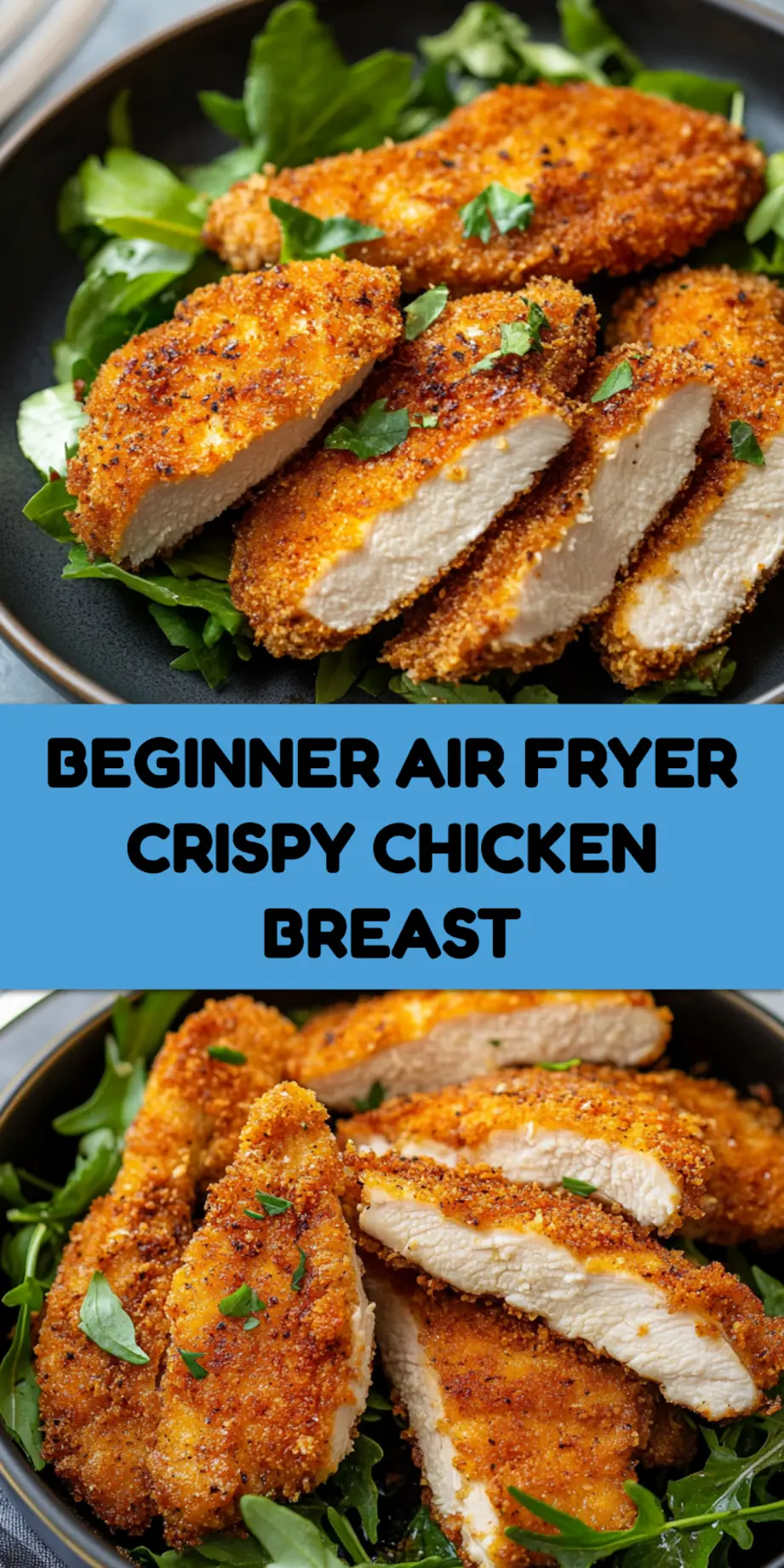 Air Fryer Crispy Chicken Breast Recipe Easy Perfect 4 Pinterest pin showing golden crispy air fryer chicken breast, perfect for saving and sharing